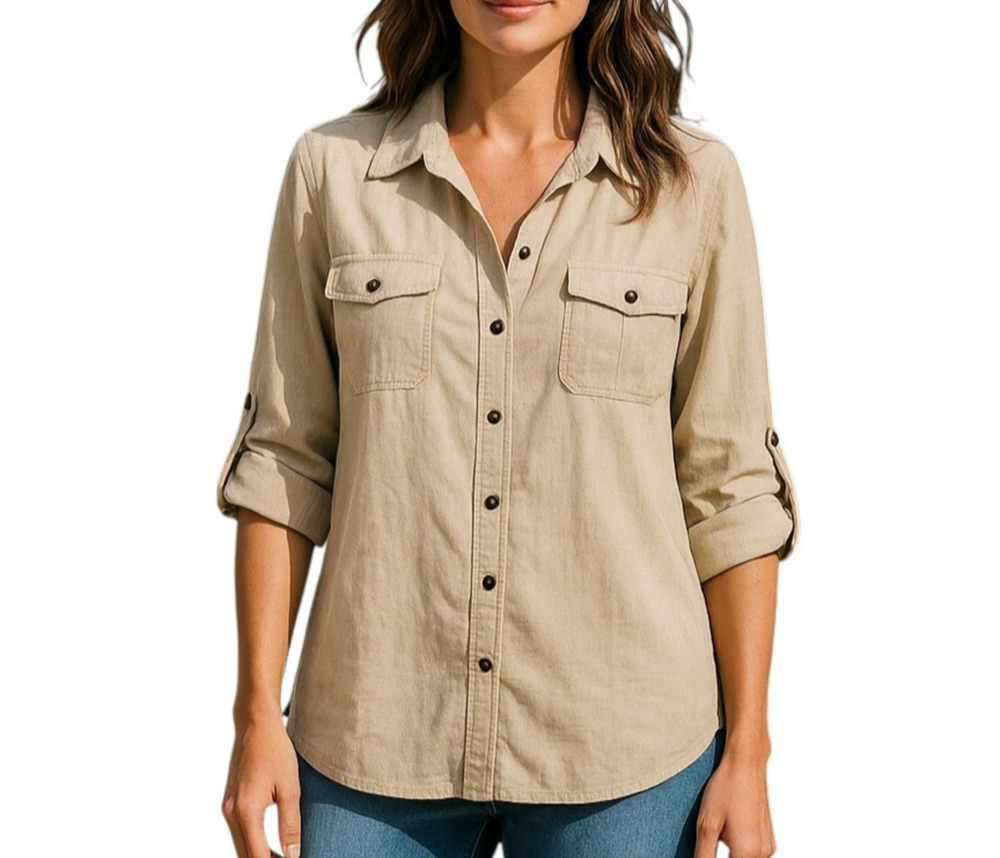 Soft Surrounding Shirt Beige Tan Linen Blend Roll-Tab Sleeve Long Coastal Core L